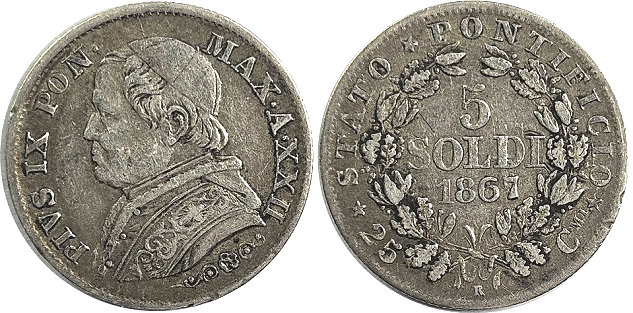 Pius IX 1867 5 Soldi